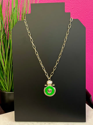 Gold, Green, & Pearl Medallion Link Necklace