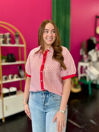 Red & Cream Striped Button Up Top