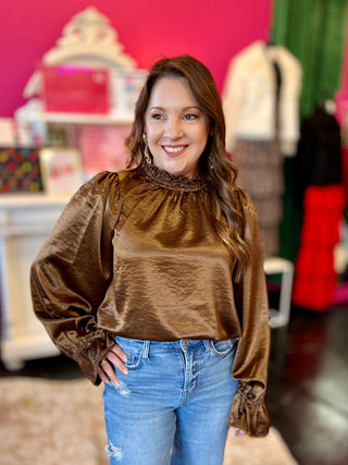 Brown Satin High Neck Top