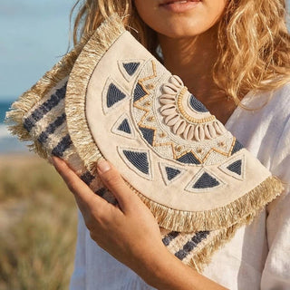 Straw & Navy Beaded Fringe Clutch