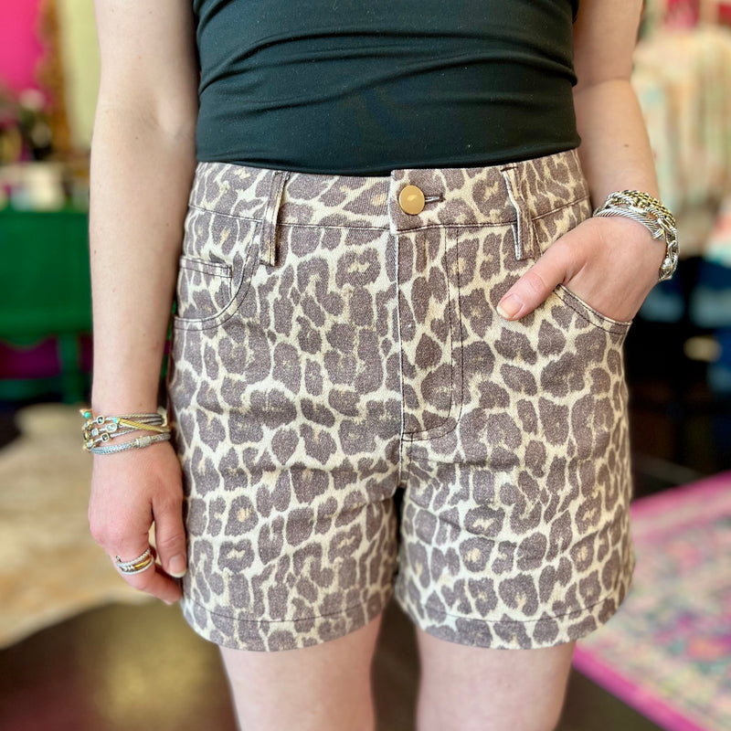 Washed Brown Denim Leopard Shorts