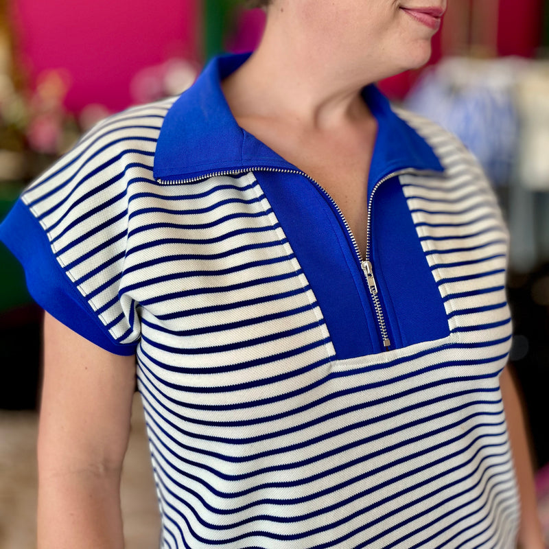 Royal Blue Striped Half Zip Dress