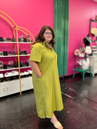 Chartreuse 3 Gold Button Midi Dress