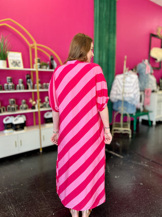 Pink Diagonal Striped Midi Dress