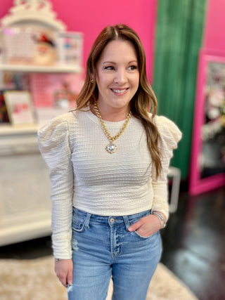 Ivory Textured Puff Sleeve Top