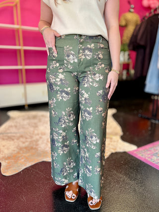 Olive Green Floral Wide Leg Pant