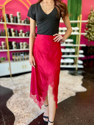 Red Satin & Lace Asymmetrical Midi Skirt