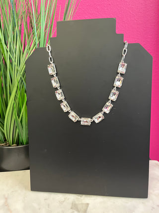 Too Chic Rectangle Clear & Silver Chain Necklace