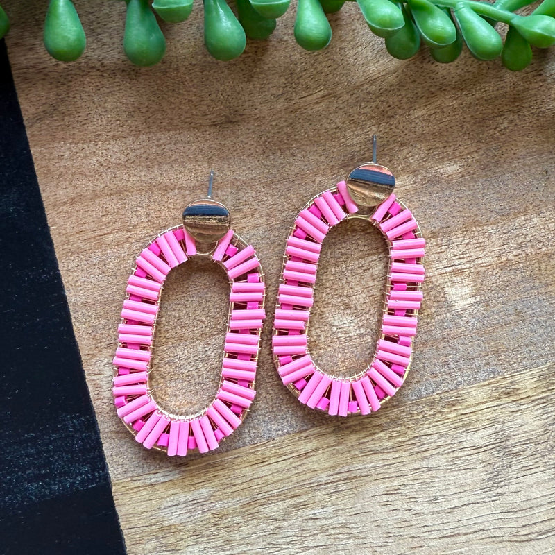 Hot Pink Beaded Oval Earrings