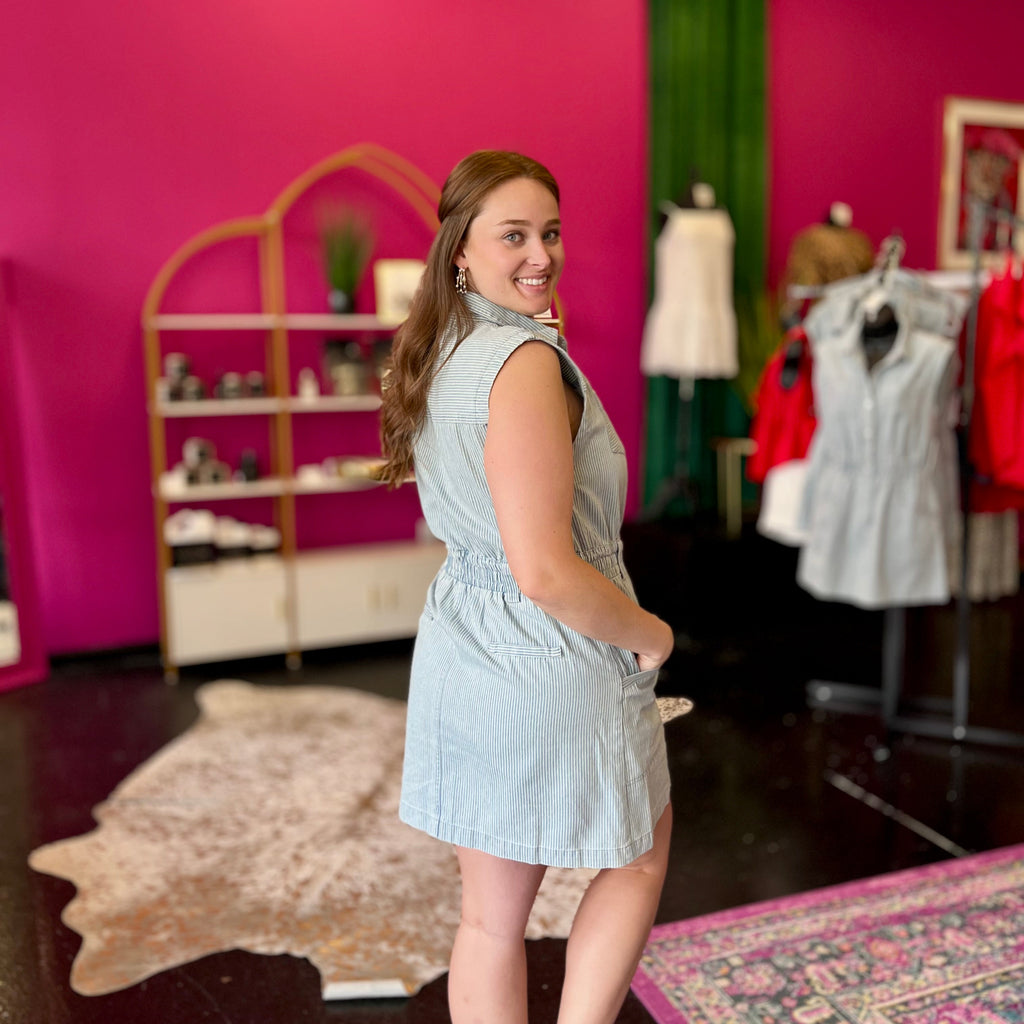 Denim Striped Front Pocket Dress