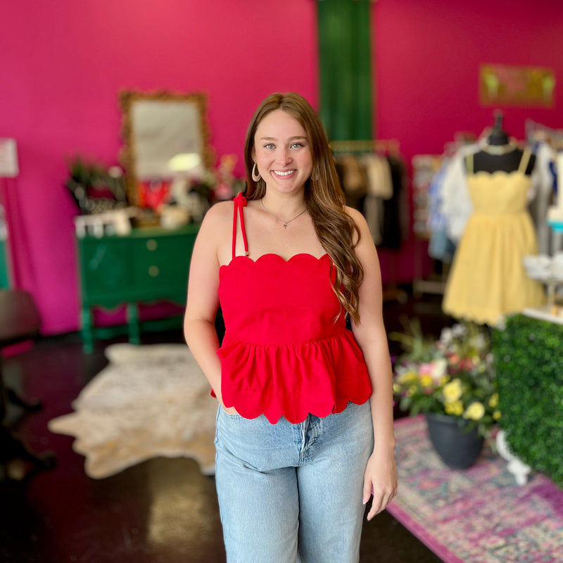 Red Scallop & Bow Back Top