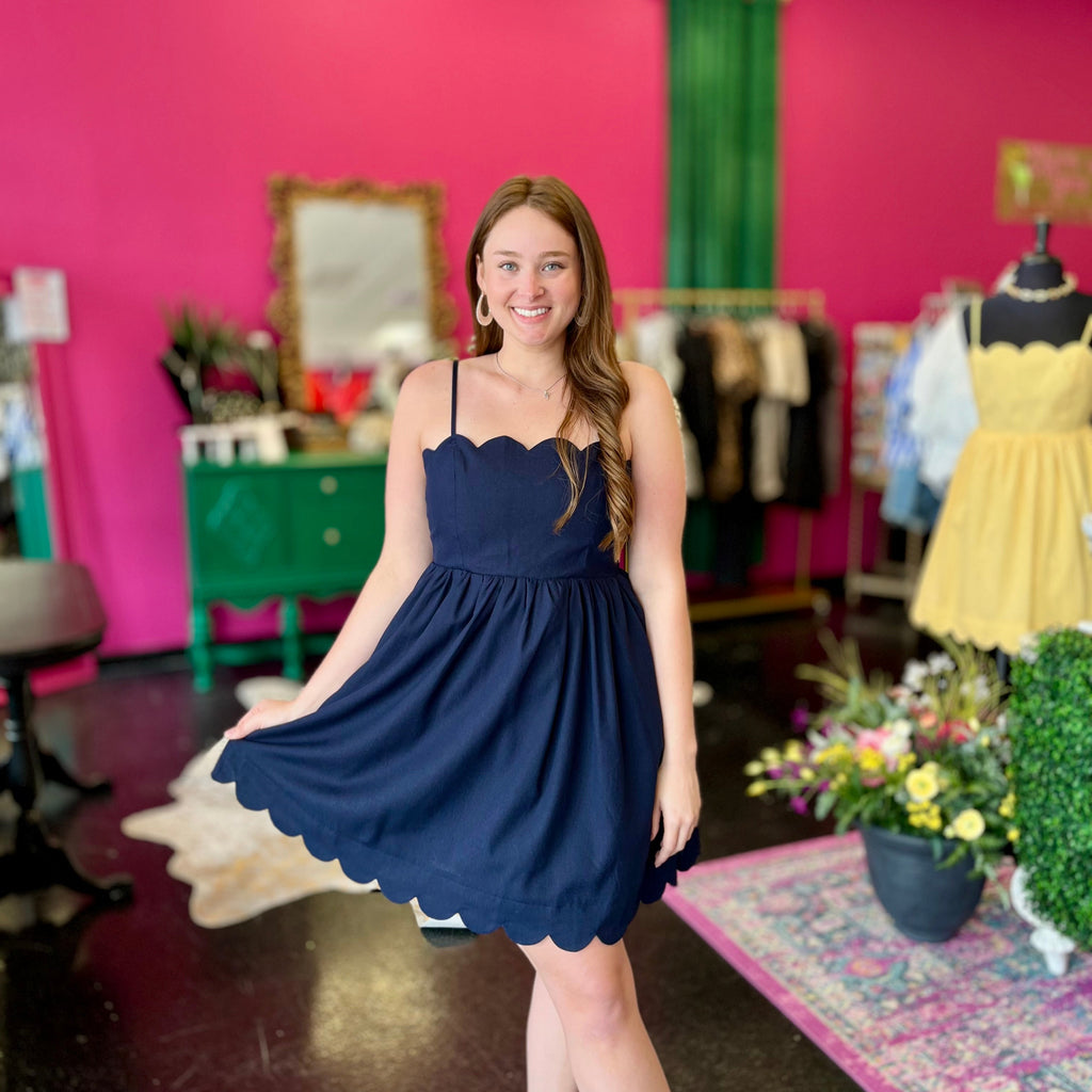 Navy Scallopped & Bow Back Dress