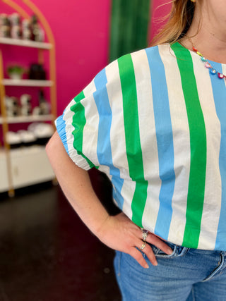 Green, Blue, & White Striped Top