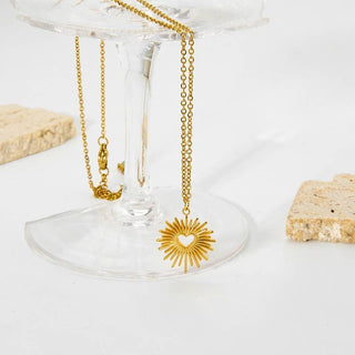 Gold Sun Burst Heart Necklace - Water Resistant