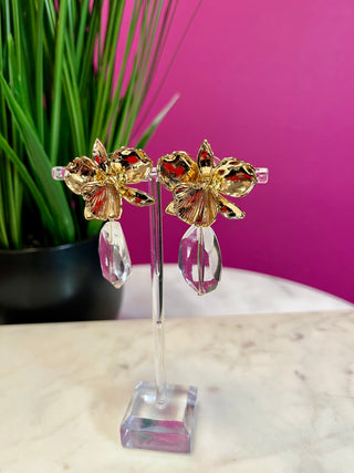 Gold Orchid & Clear Stone Earring