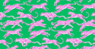 Pattern of pink leopards on a green background
