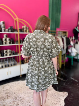 Olive Embroidery Gathered Waist Dress