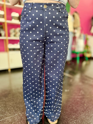 Navy & White Polka Dot Wide Leg Pants