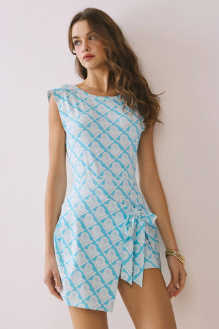 Turquoise Blue Print Wrap Front Athleisure Dress 