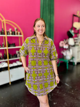 Chartreuse Print 3/4 Sleeve Dress