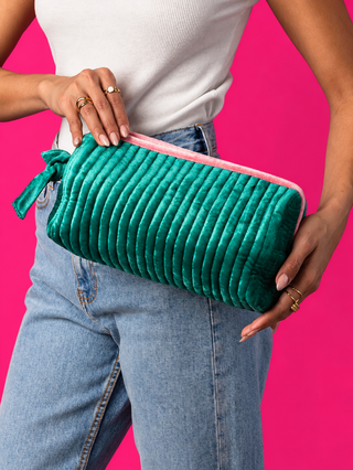 Turquoise Green & Pink Velvet Ribbed Travel Pouch