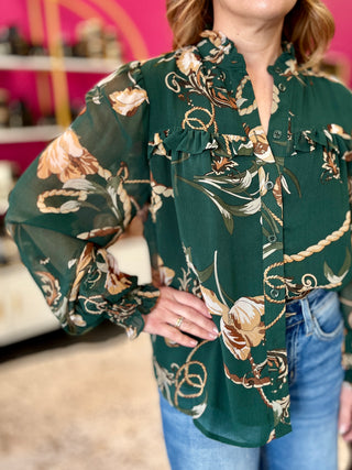 Dark Green Floral Print Top