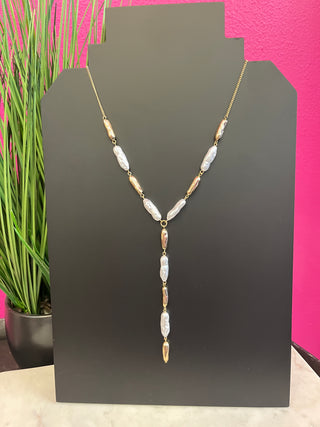 Gold & Mother of Pearl Stone Lariat Necklace