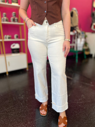 Aileeah White Denim Cuffed Slim Wide Leg Jean