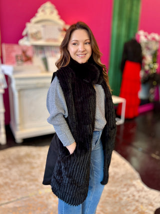 Black Faux Fur Long Vest