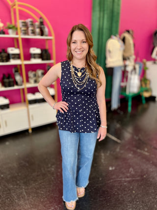 Navy & White Polka Dot Peplum Top
