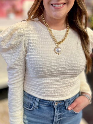 Ivory Textured Puff Sleeve Top