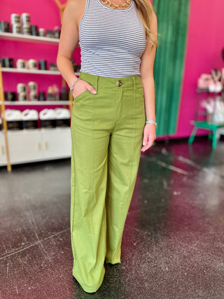 Bright Olive Front Seam Wide Leg Pants