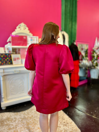 Deep Red Satin Puff Sleeve Dress