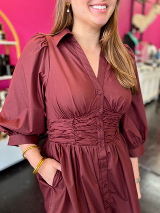 Maroon Balloon Sleeve Dress