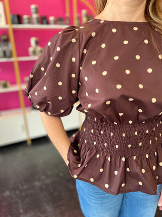 Brown & Cream Polka Dot Peplum Top
