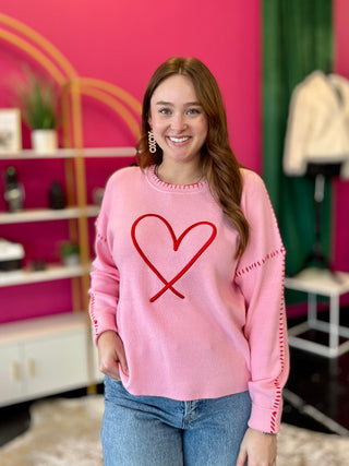 Pink & Red Embroidery Heart Sweater