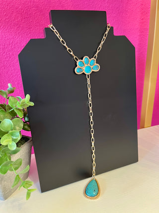 Gold & Turq Half Flower Y Necklace