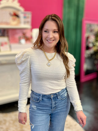 Ivory Textured Puff Sleeve Top