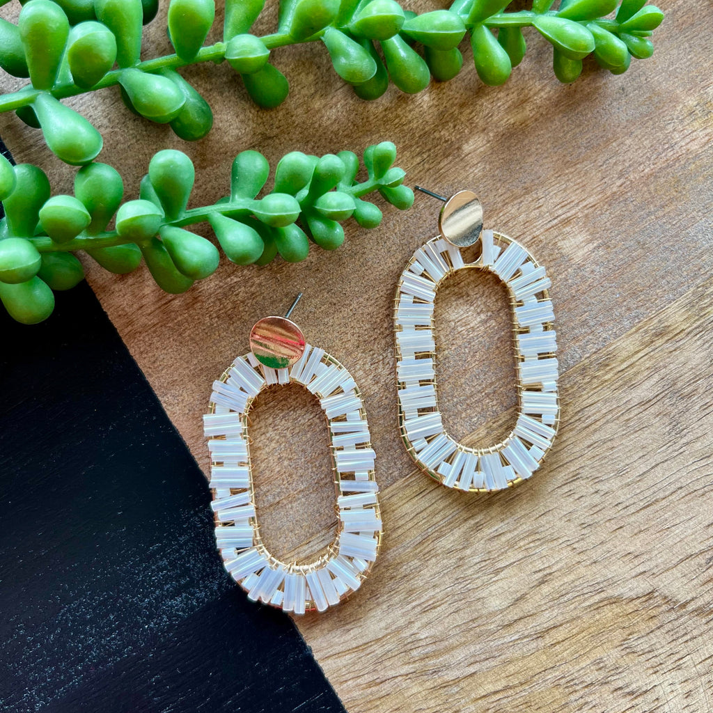 Ivory Beaded Oval Earrings