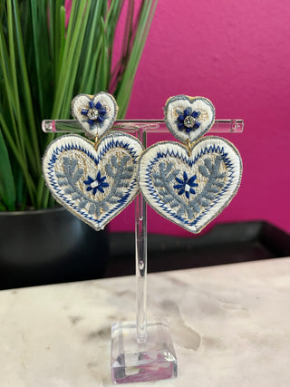 Blue & White Embroidery Heart Earring
