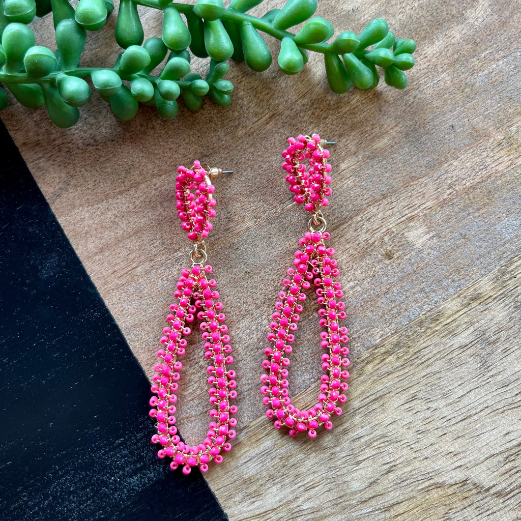 Hot Pink Beaded Long Teardrop Earring