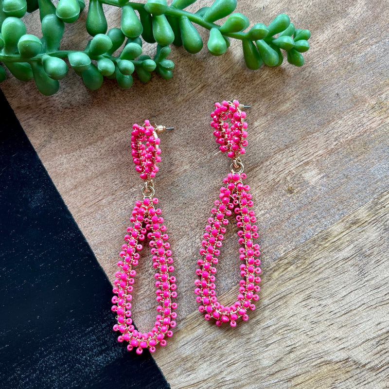 Hot Pink Beaded Long Teardrop Earring