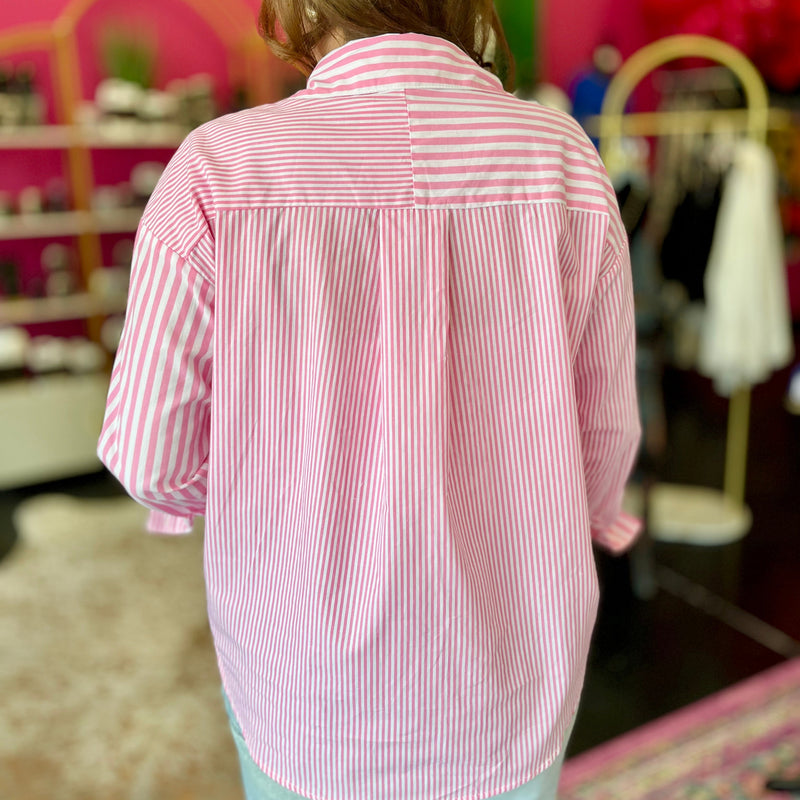 Pink & White Striped Button Up Top