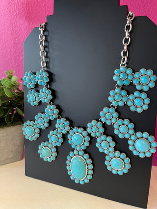Faux Turquoise Flower Bib Necklace