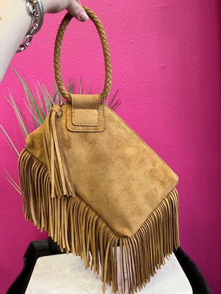 Camel Faux Suede Fringe Wristlet