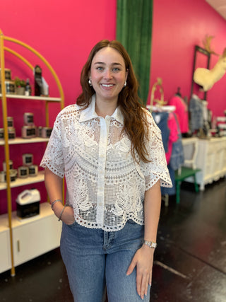 Off White Lace Button Up Top