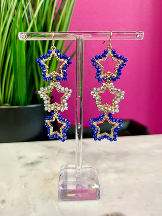 Blue Beaded 3 Star Earrings