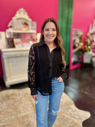 Black Paisley Lace Button Up Top