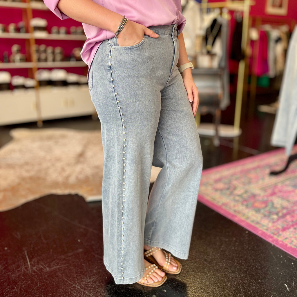 Light Blue Denim & Pearl Detail Wide Leg Jeans