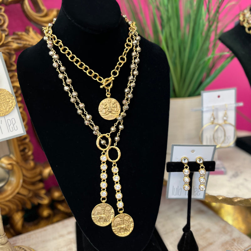 LNL Pyrite & Crystal Deer Lariat Necklace
